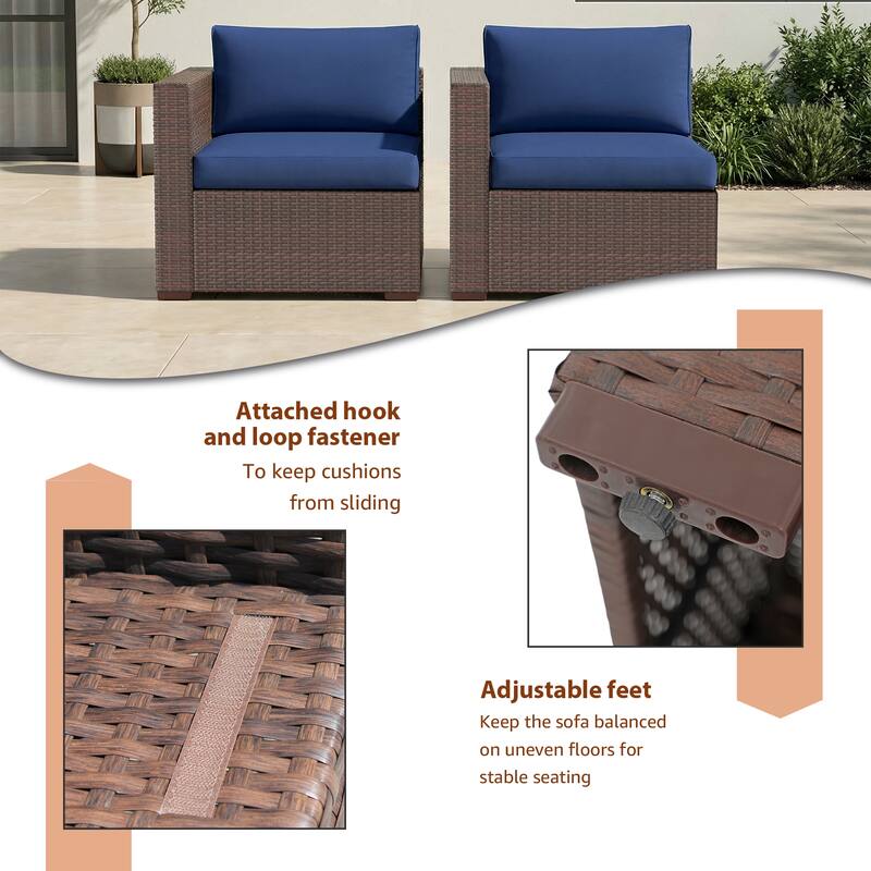 2-piece Outdoor Wicker Sectional Sofa Loveseat Set - Brown and Blue