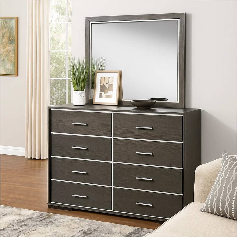 8 Drawer Wooden Dresser with Mirror Trim Accents, Gray
