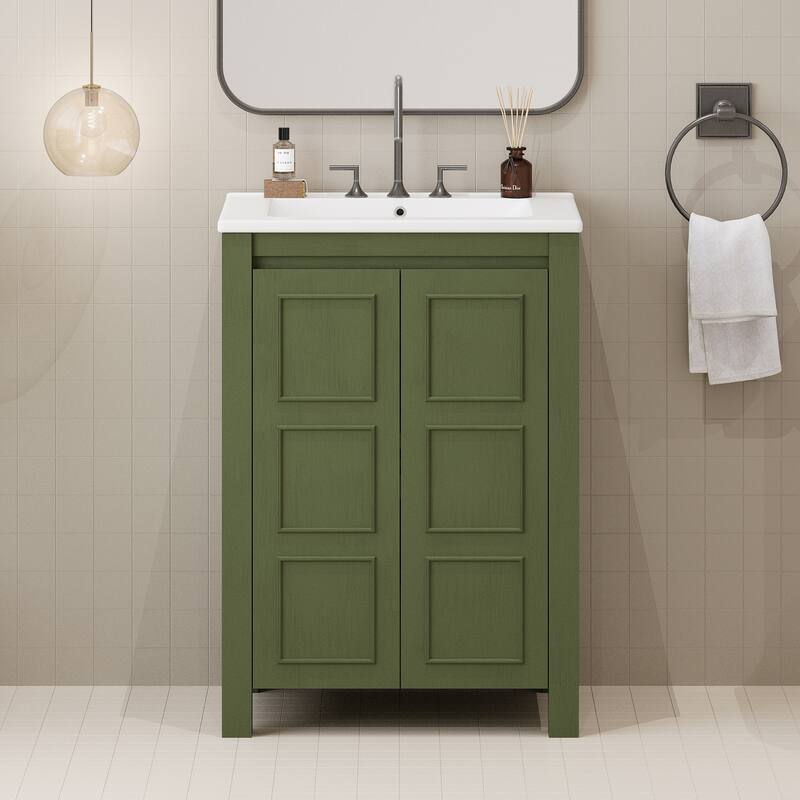 24" Vintage Bathroom Vanity with Ceramic Sink - Small Space Cabinet with 2 Soft-Close Doors & Adjustable Shelf - Green