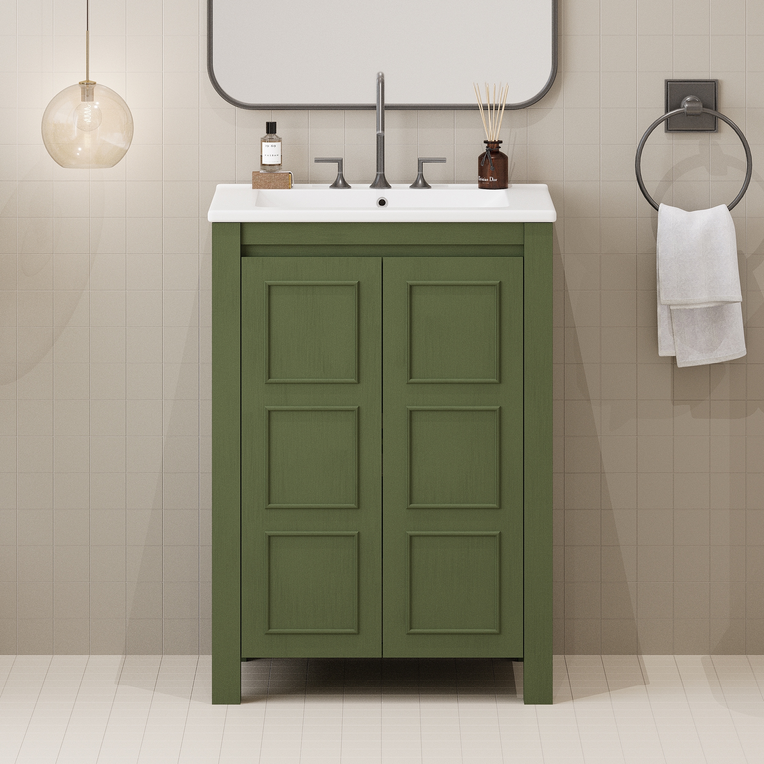 Roomfitters 24" Vintage Bathroom Vanity with Ceramic Sink, 2 Soft-Close Doors and Adjustable Shelf, Olive Green