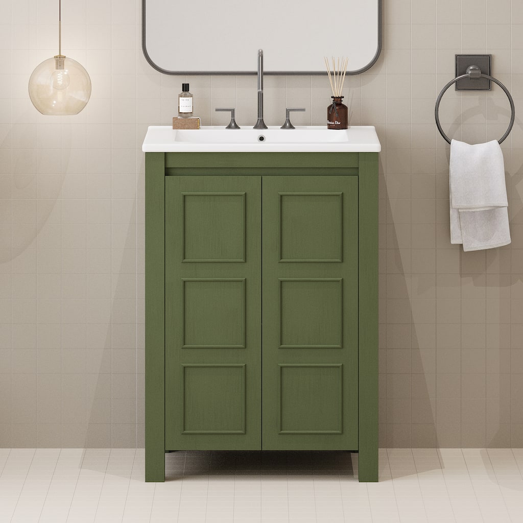 Roomfitters 24" Vintage Bathroom Vanity with Ceramic Sink, 2 Soft-Close Doors and Adjustable Shelf, Olive Green