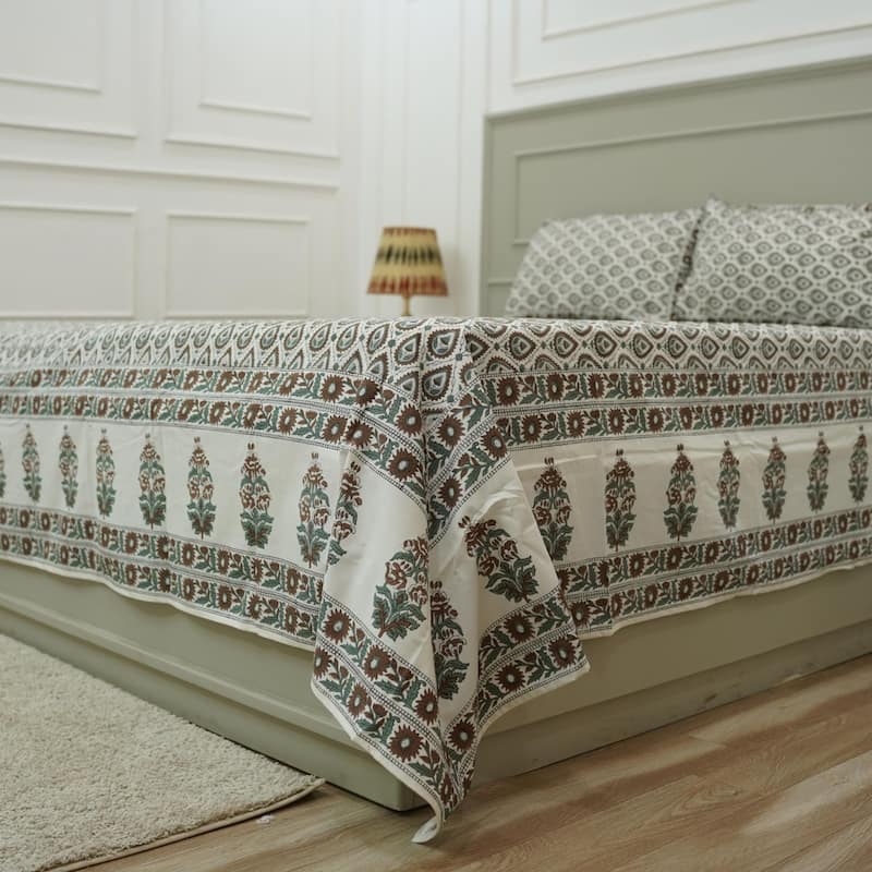 Fabdivine Cotton Hand Block Floral Flat Sheet Bed Room Home Décor Accent Gift