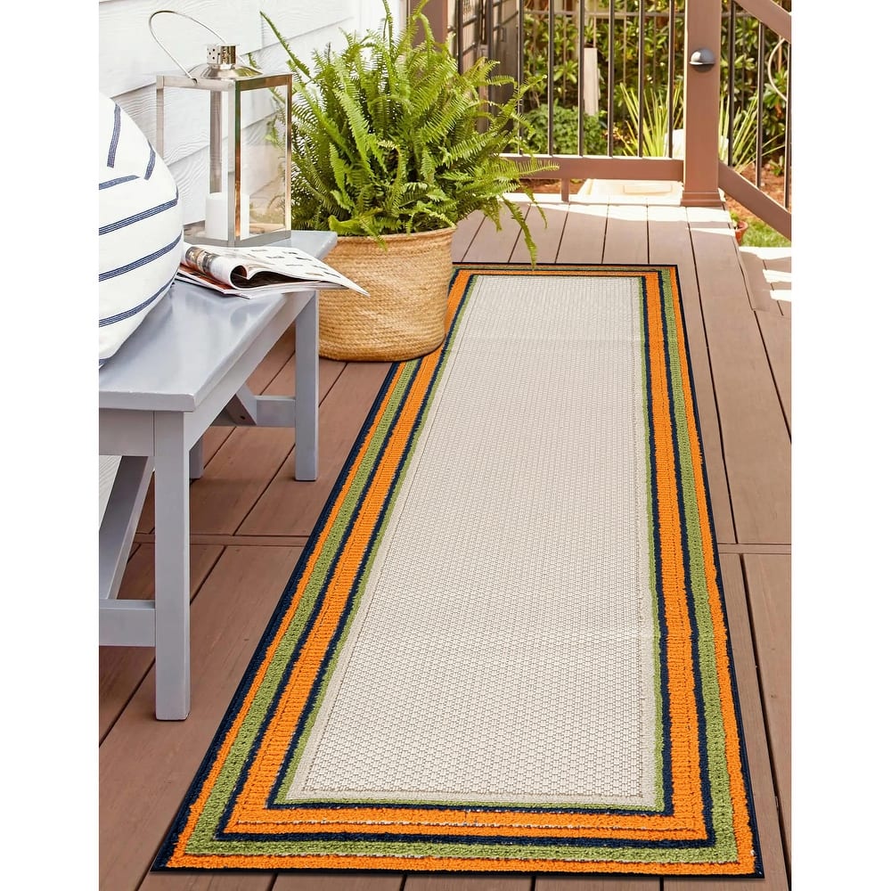 World Rug Gallery Indoor/Outdoor High-Low Textured Area Rug, Coastal Border Easy-Clean Patio Rug