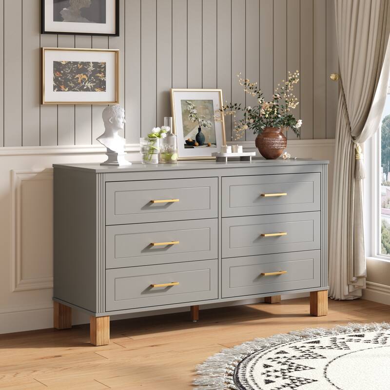 Wooden Double Dresser Dressing Table, Chest of 6 Drawers for Bedroom Living Room Entryway - Gray - 6-drawer