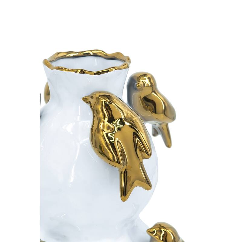 8.5x8.5x14" White Two-Tiered Ceramic Vase with Gold Bird Accents