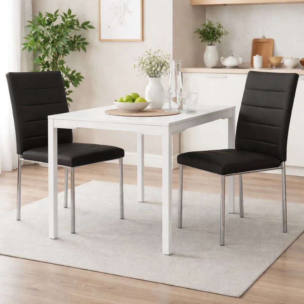 Eun 23 Inch Faux Leather Dining Chair, Chrome Legs, Set of 2, Dark Gray