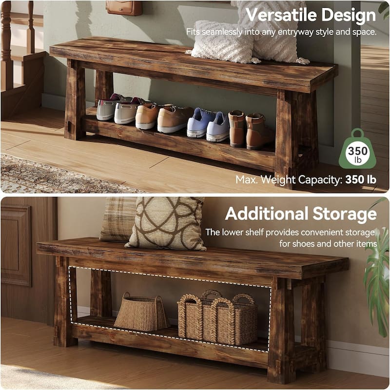 55" Solid Wood Entryway Bench with Shoe Storage, Charred Wood Grain