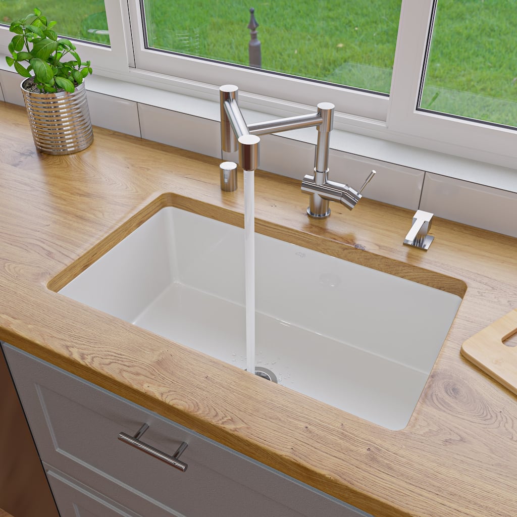 ALFI brand ABF3018UD-W White 30" x 18" Fireclay Undermount / Drop In Fireclay Kitchen Sink