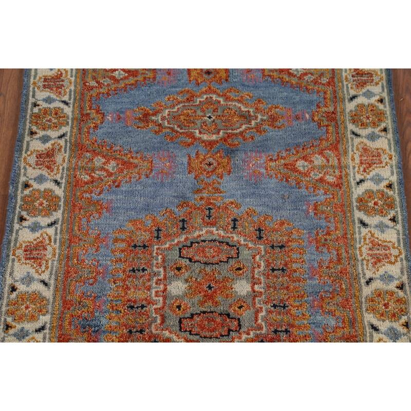 Blue Geometric Khotan Indian Runner Rug Hand-Knotted Wool Carpet - 2'8"x 7'10"