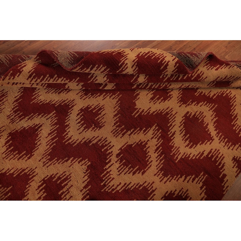 Hand Knotted Oriental 100% Wool Carpet Modern Geometric Red Moroccan Area Rug - 9' 7'' X 7' 11''
