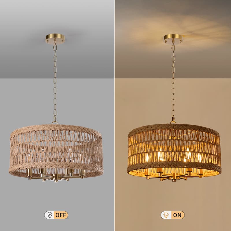 6-Light 19.6-inch Rattan Drum Chandelier for Dining Room Kitchen - 19.68"x7.87"