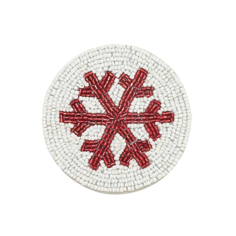 Snowflake Sparkle Beaded Coaster (Set of 4) - 4" - White/Red