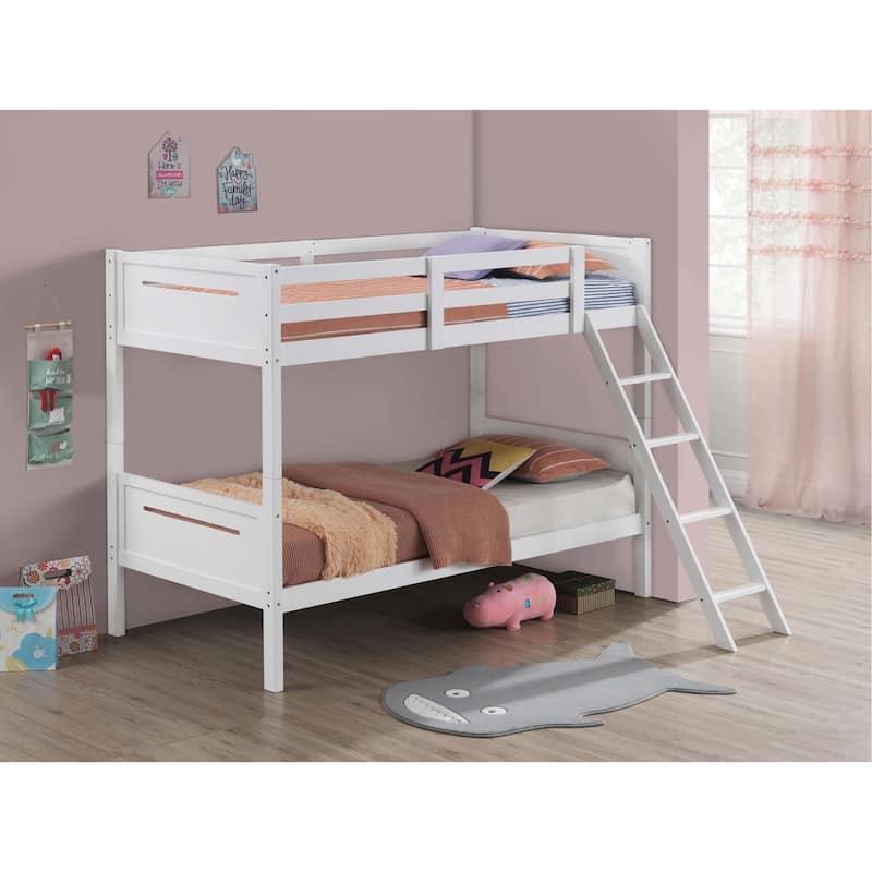 Modern White Twin/Twin Bunk Bed with Built-in Ladder and Safety Guardrails - White