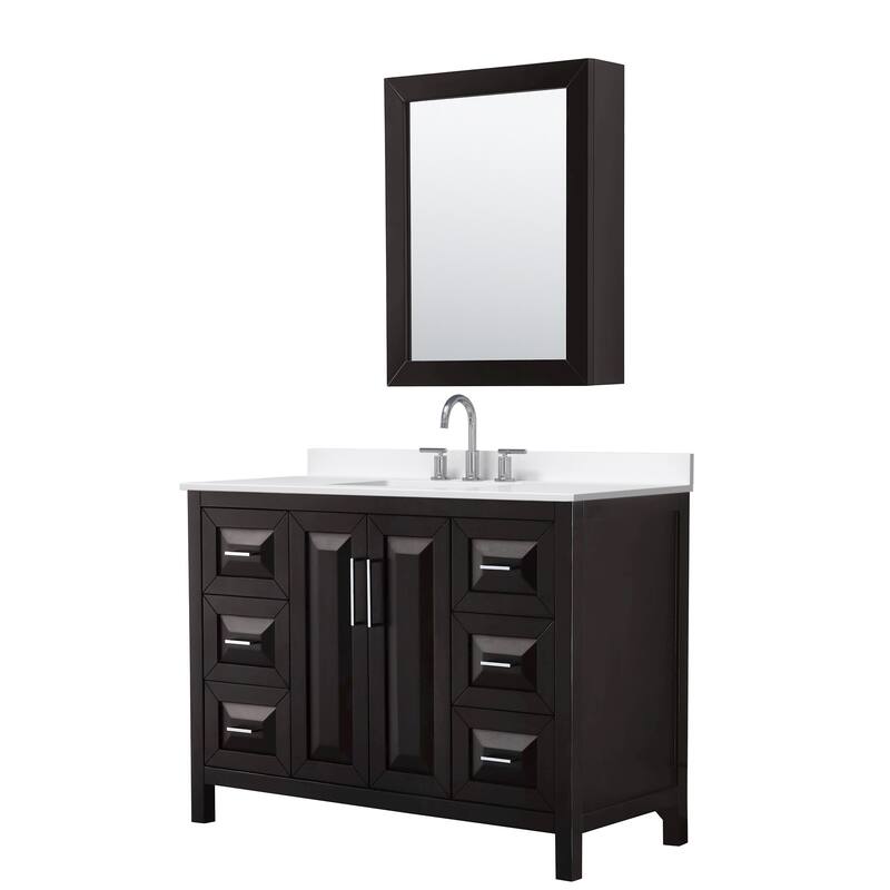 Daria 48-inch Single Vanity, 3 Hole Quartz Top, Med Cabinet - Dark Espresso, Chrome Trim, White Quartz Top