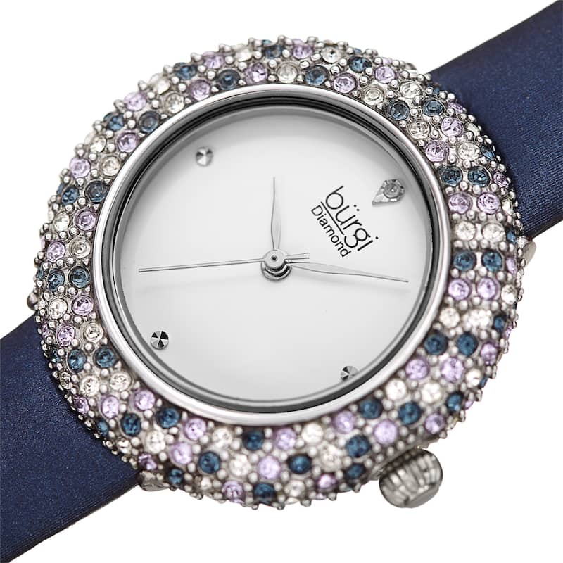 Burgi Ladies Vibrant Colorful Swarovski Crystal Diamond Satin Leather Strap Watch