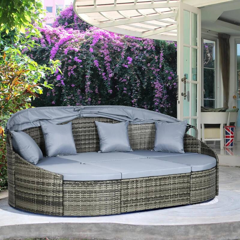 Convertible Rattan Daybed Sectional, Light Grey/Grey