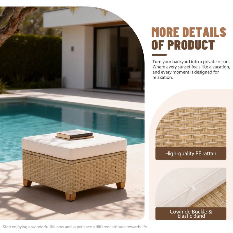 Outdoor Conversation Set Sectional Sofa 7-Piece Patio 3-Seater Modular Sofa Coffee Table Wicker Rattan Acacia Wood with Ottoman