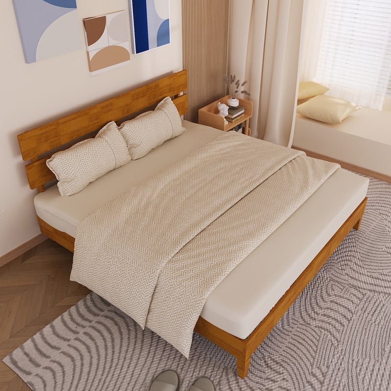 Solid Wood Modern Platform Bed Frame with Headboard - King