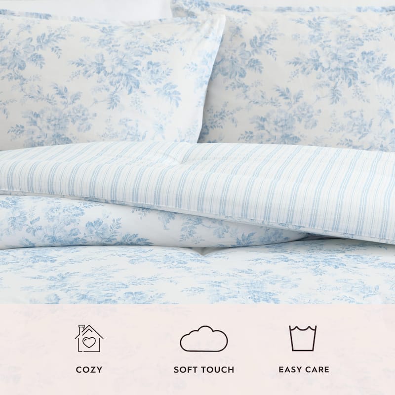 Laura Ashley Annalise Floral Reversible Stripe Breathable Cotton Comforter Set (Blue)