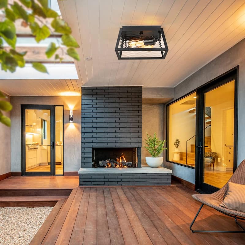 2-Light Black Outdoor Farmhouse Flush Mount Ceiling Light with Clear Water Glass - 11''W