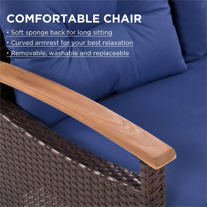 4-Piece Garden Furniture, Patio Seating Set, PE Rattan Outdoor Sofa Set, Wood Table & Legs, Brown & Blue