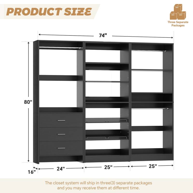 Set of 3 Closet Organizer with Drawers and Shoe Rack, Freestanding Closet System for Bedroom or Walk-in Closet