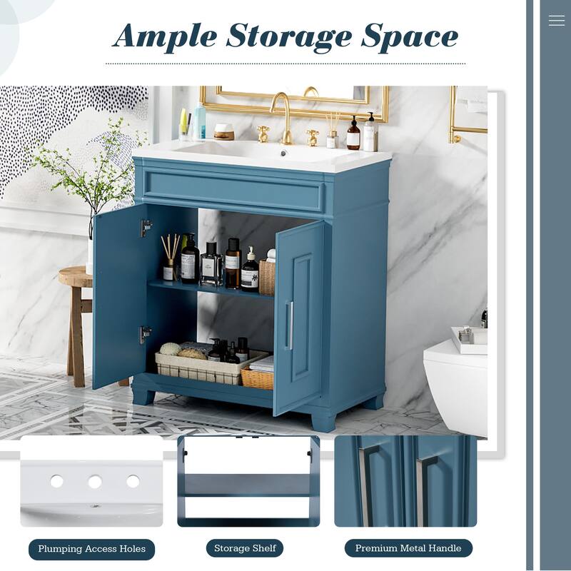 30 Inch Bathroom Vanity with Resin Sink - Freestanding Vanity with Storage Shelf and Solid Wood Frame