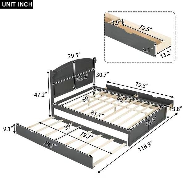 dimension image slide 1 of 2, Queen Size Platform Bed with Twin Size Trundle and 2-Drawers for Bedroom, No Box Spring Required, Easy Assembly, Antique Grey
