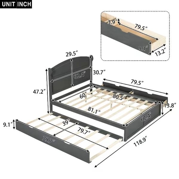dimension image slide 0 of 2, Wood Queen Size Platform Bed with Twin Size Trundle and 2 Drawers
