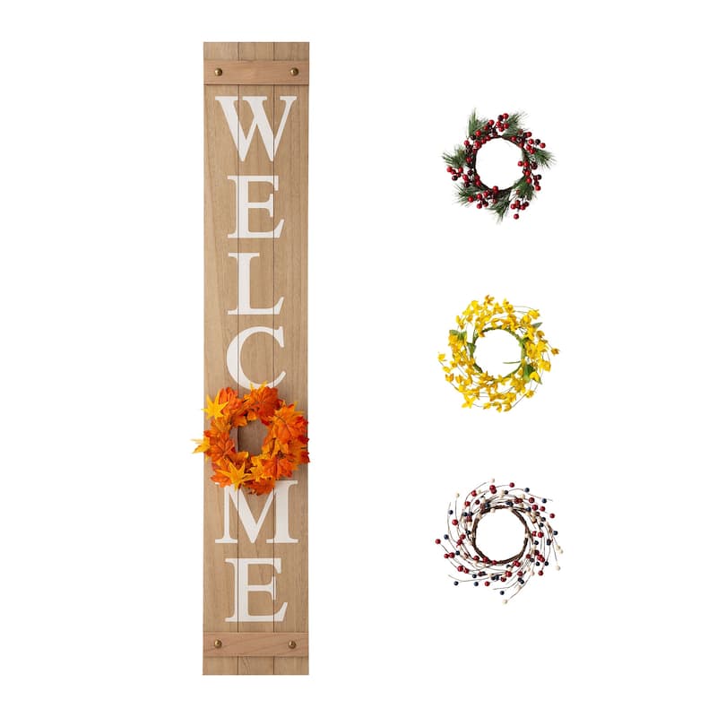 Glitzhome 60"H Wooden Welcome Porch Sign with 4 Floral Wreaths for Fall Halloween Thanksgiving Christmas Decoration
