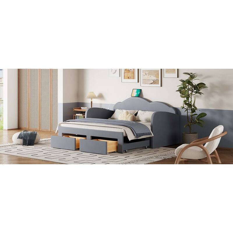 Cloud-Shaped Daybed with Trundle, 2 Drawers & USB Ports