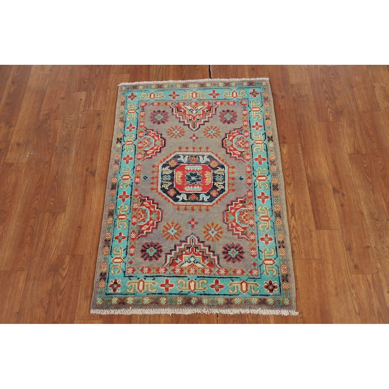 Geometric Kazak Foyer Rug Handmade Traditional Grey Wool Carpet - 2'0" x 3'0"