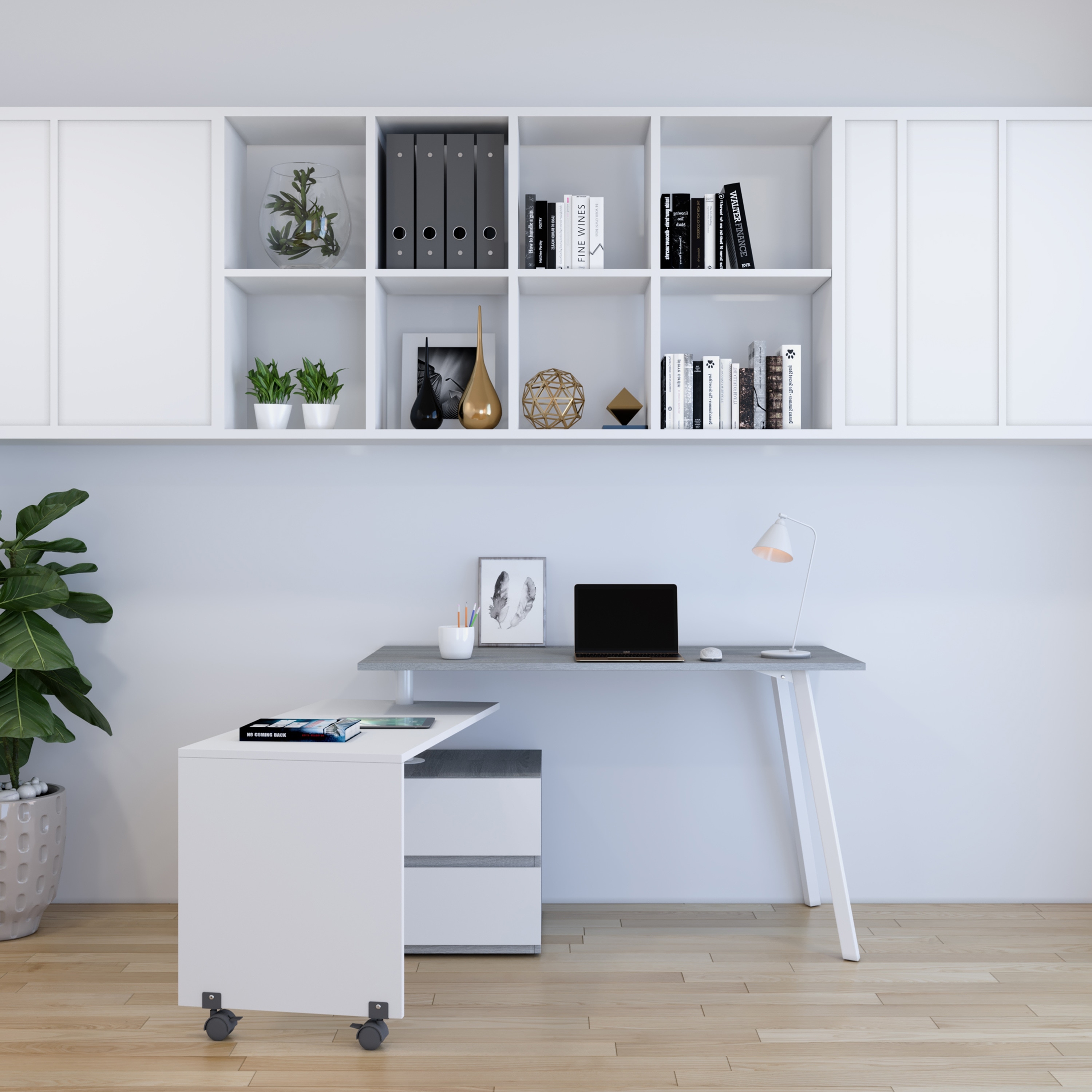 The Rotating multi position modern desk in gray with drawers Bed