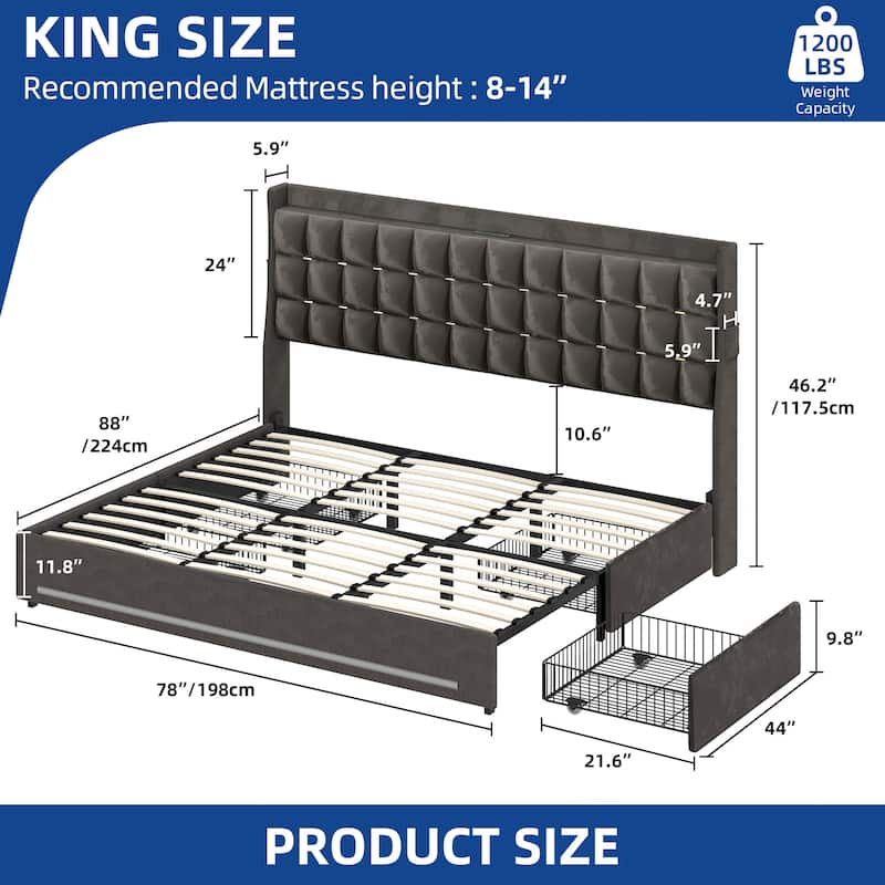 Moasis King Size Velvet Platform Bed with 4 Drawers RGB Lights and Charging Station No Box Spring Needed - Grey - King