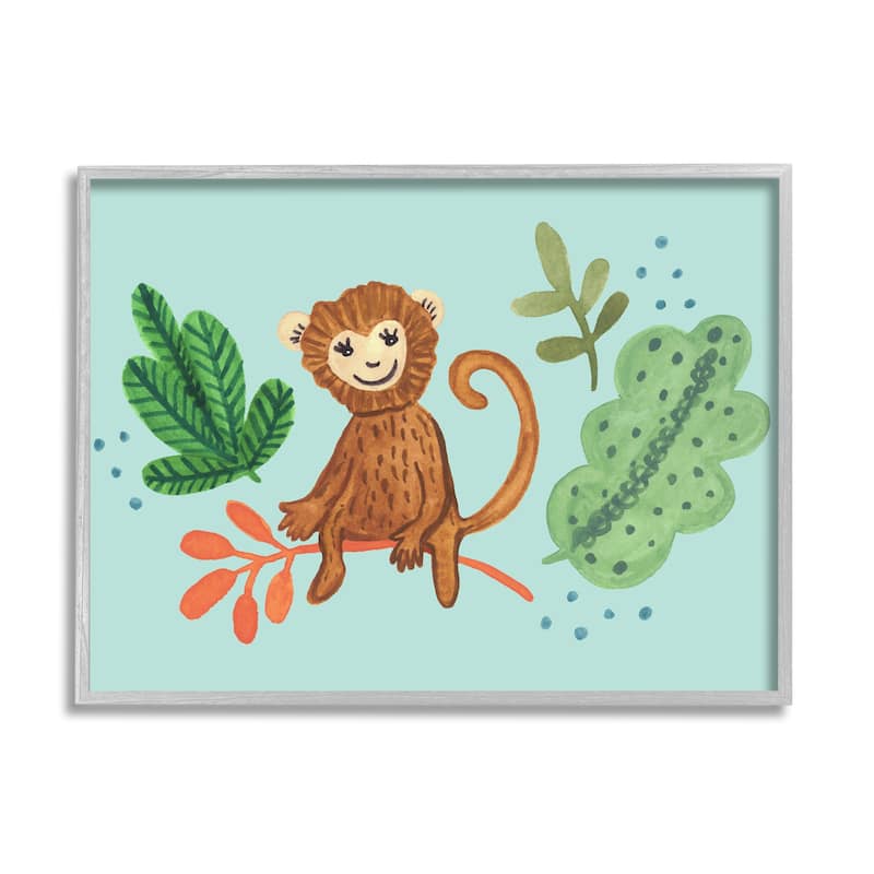 Stupell Cute Monkey Sitting Plants Leaves Illustration Framed Wall Art - Brown - 20 x 16 - Grey