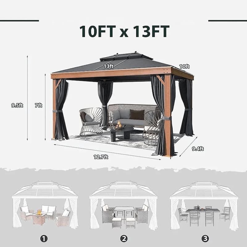 Outdoor Galvanized Steel Roof Gazebo Pergola w Wooden Coated Alumninum Frame, Privacy Curtains and Nettings Include