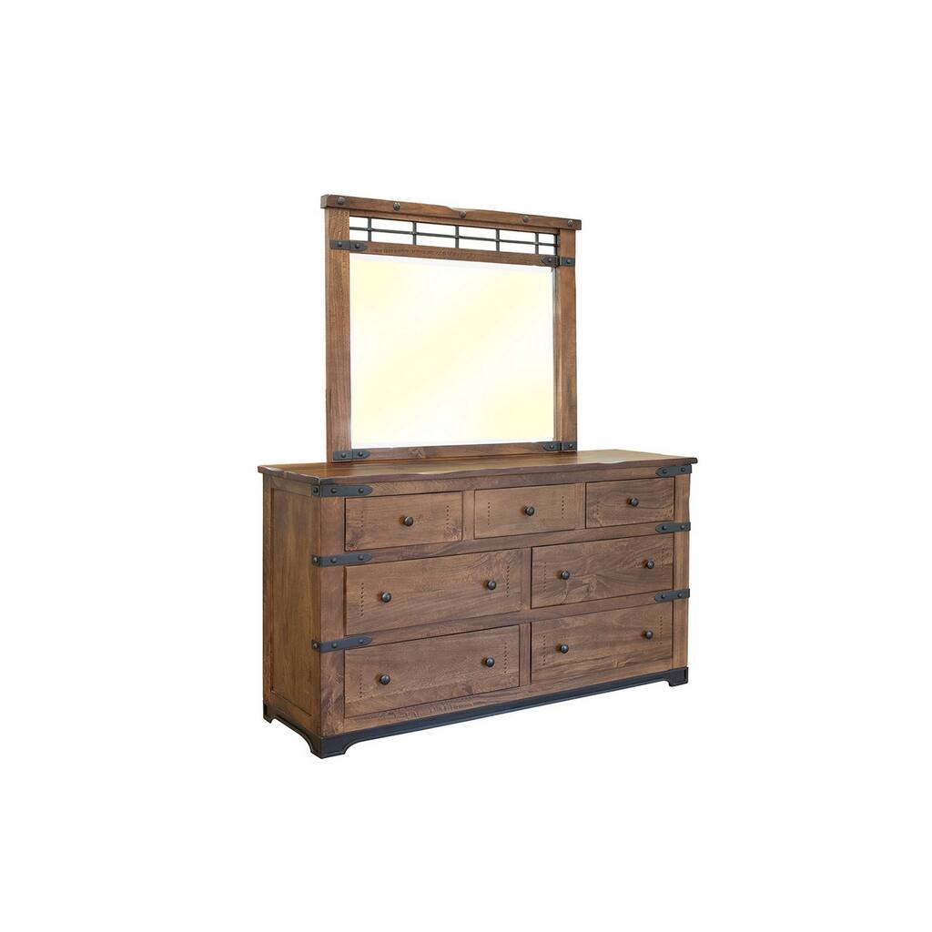 Umey 70 Inch Wide 7 Drawer Dresser with Iron Belt Accents, Brown Mango Wood
