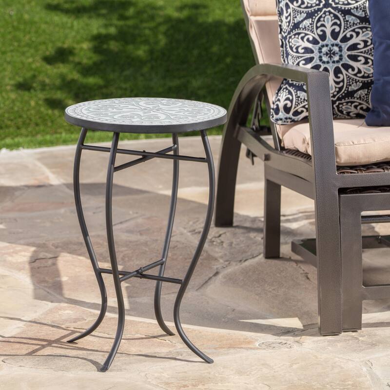 Han Outdoor Round Ceramic Tile Side Table with Iron Frame by Christopher Knight Home