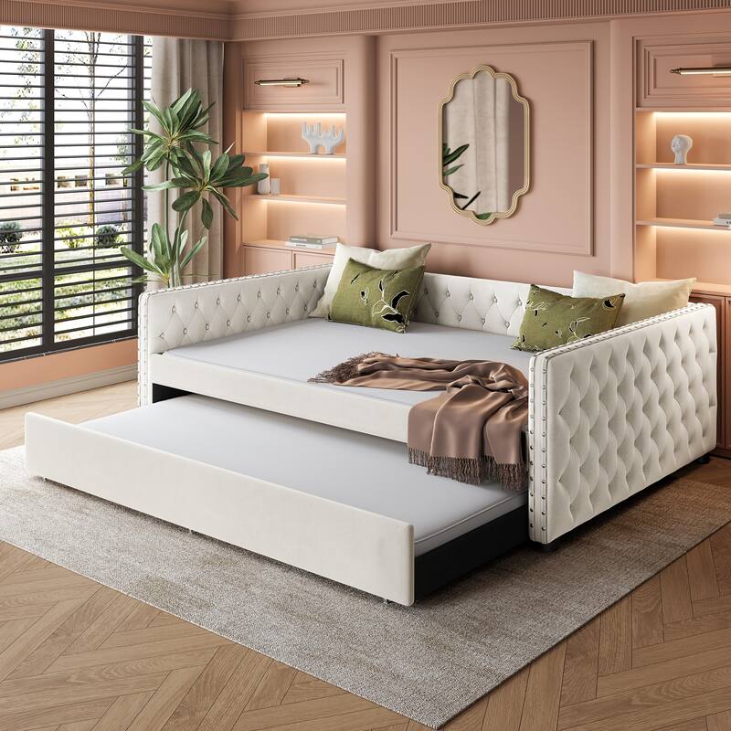 Daybed, Upholstered Tufted Sofa Bed with Trundle, Daybed with Button & Copper Nail on Square Arms, Daybed with Trundle