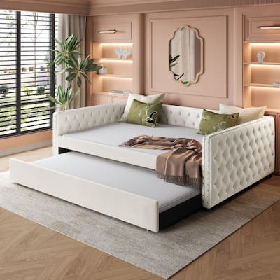 Full Size Linen Upholstered Daybed with Twin Trundle - Tufted Sofa Bed and Copper Nail Trim