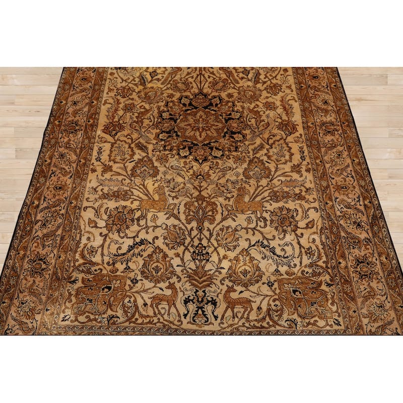 Hand Knotted Tan,Brown Persian 100% Silk Pictorial Oriental Area Rug - 4' 6'' x 7' 1''