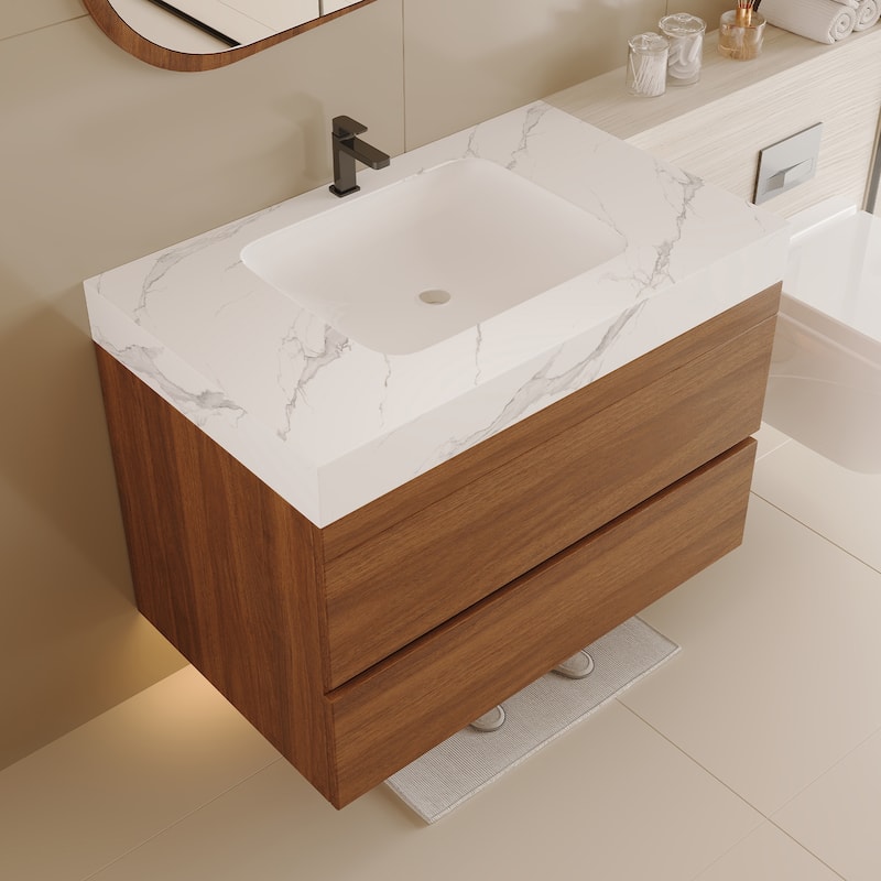 GDFStudio - Modern 31.5" Wall-Mounted Bathroom Vanity with Sintered Stone Top, Ceramic Undermount Sink & Soft-Close Drawers