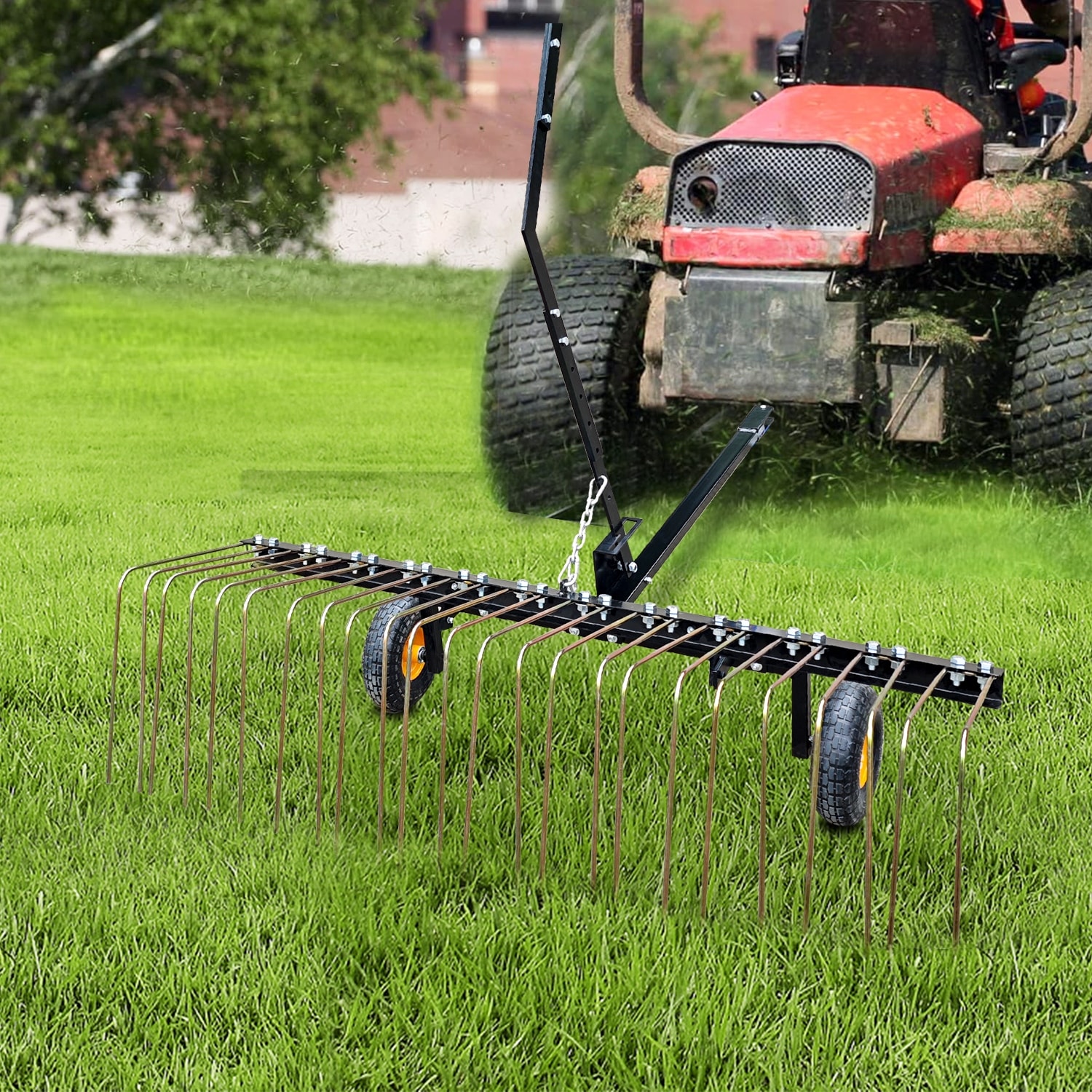 Lawn Tractor Rake 60 inch Dethatcher Tow Behind Rake For ATV Pine Straw Rake with Lift Handle 24 Steel Tines for Leaves Black