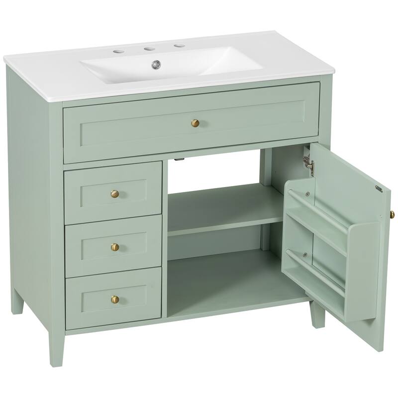 Roomfitters 36" Bathroom Vanity with Sink, Solid Wood Legs, 4 Drawers & Cabinet with Adjustable Shelf