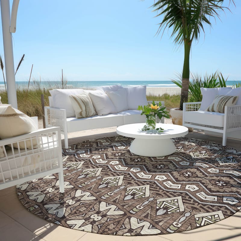 Machine Washable Indoor/ Outdoor Chantille Mosaic Global Rug - Brown - 8' x 8'