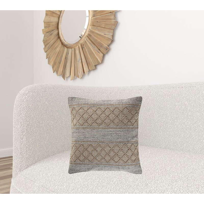 HomeRoots 20" X 20" Beige And Grayish Blue 100% Cotton Geometric Zippered Pillow
