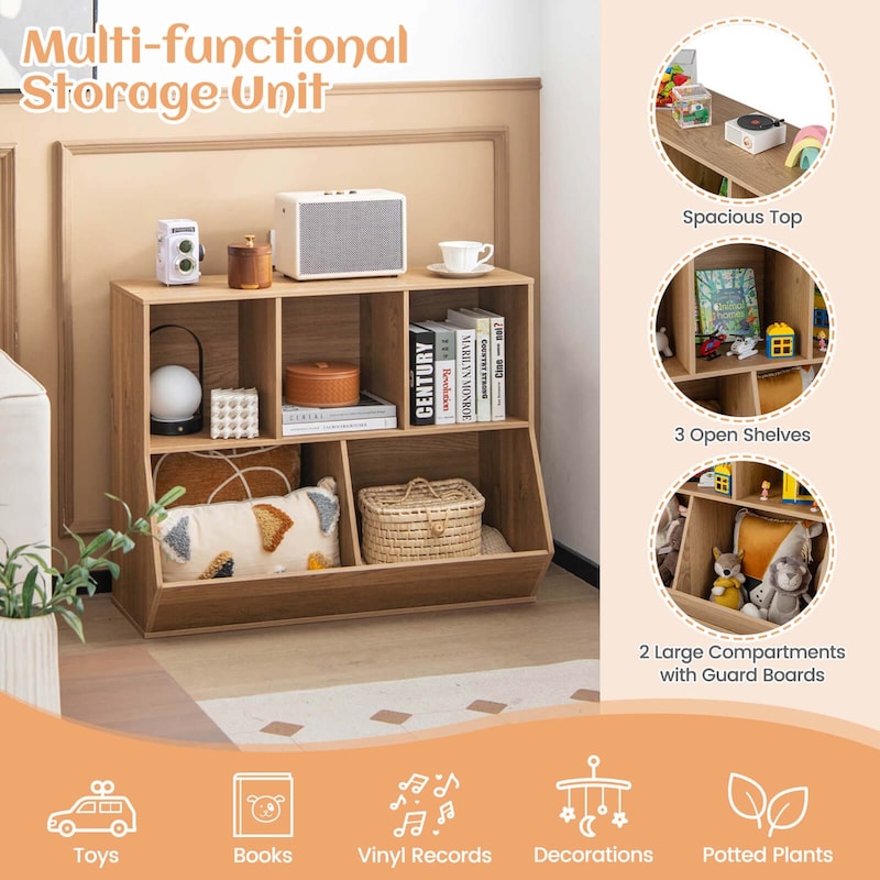 Costway 5-Cubby Kids Toy Storage Organizer Wooden Bookshelf Display - See Details