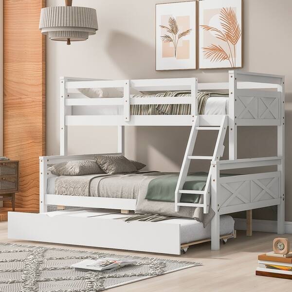 slide 2 of 12, White Twin over Full Pine Wood Bunk Bed with Ladder and Safety Guardrail White