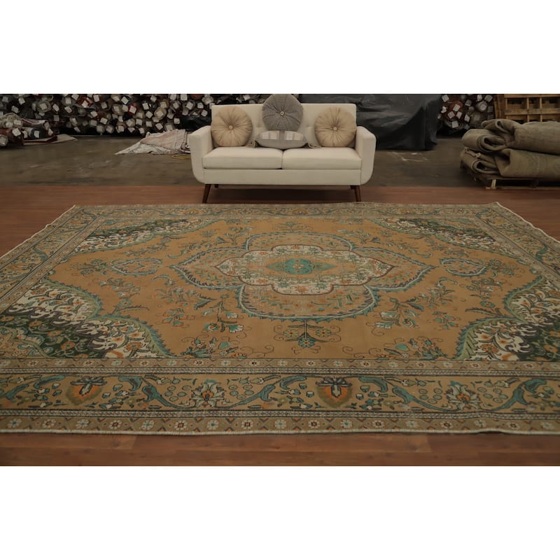 Hand Knotted Oriental 100% Wool Carpet Traditional Floral Oranges & Rust Tabriz Area Rug - 12' 9'' X 9' 7''