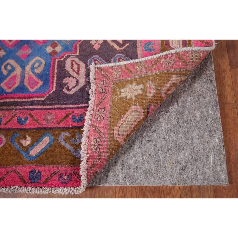Geometric Meshkin Persian Vintage Runner Rug Hand-Knotted Wool Carpet - 3'9" x 10'6"